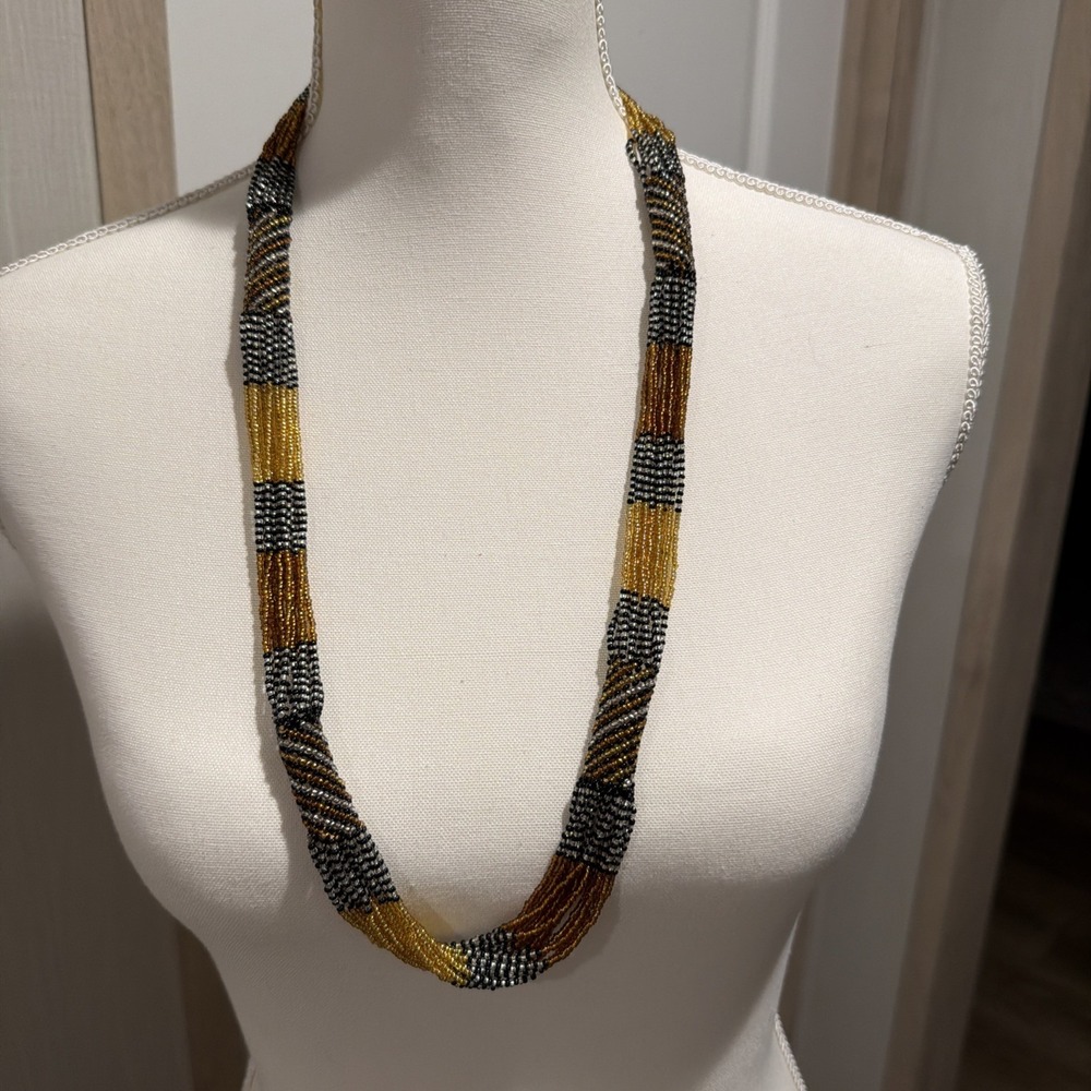 African Zulu Tribal Maasai‎ Beaded Long 30"Necklace Gold Brown Black
